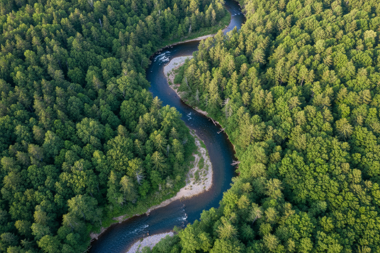 bird eye view of river in between forest
